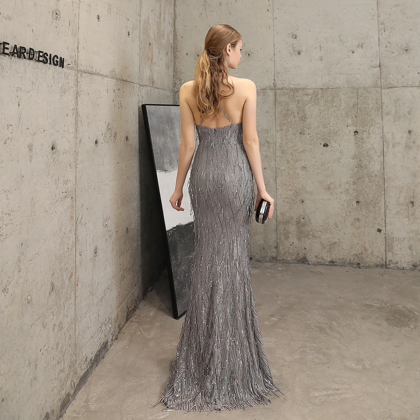 Vestido de noche elegante con borla de hilo de seda de poliéster y lentejuelas estilo cola de pez para banquetes, reuniones y eventos. Ideal para anfitriones. Modelo de coche. Otoño. view 29