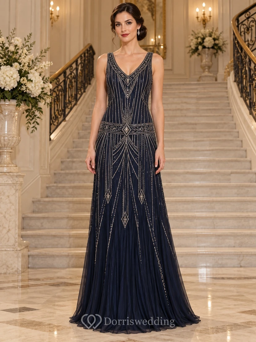 1920s Dark Navy V-neck Geometric Beaded Sleeveless Long Prom Dress