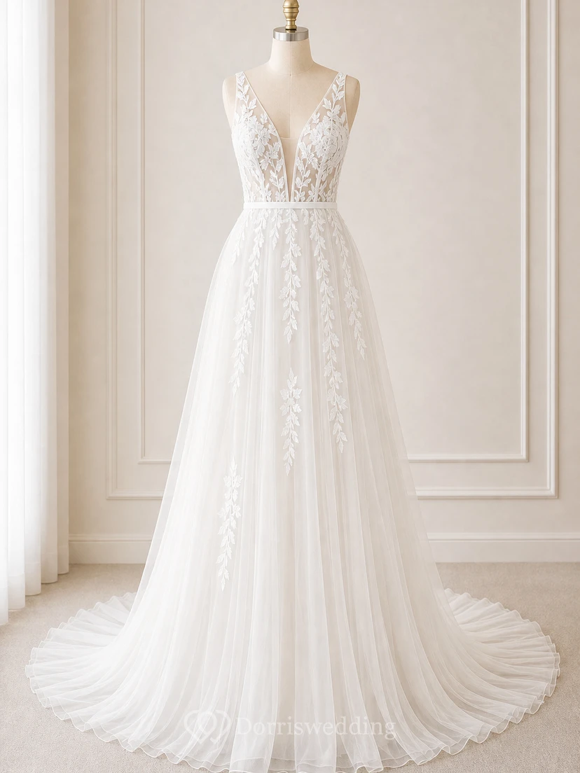 Sexy Boho-Brautkleid im Landhausstil mit V-Ausschnitt, ärmellos, A-Linie, Empire-Schnitt und Illusion-Schnitt aus Tüll – weiß view 7