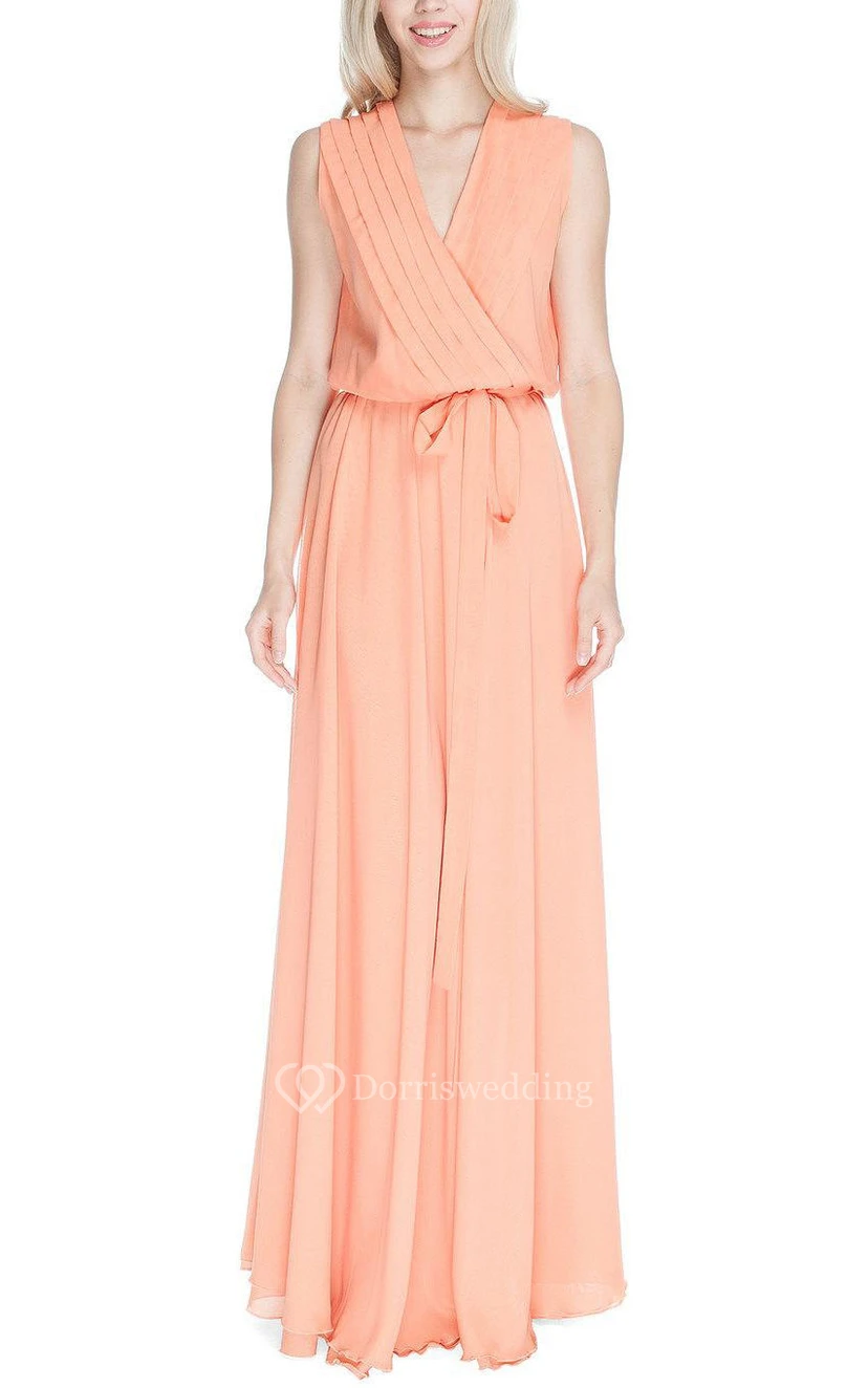 V Neck Pleated A-line Chiffon Floor Length Dress With Sash view 2