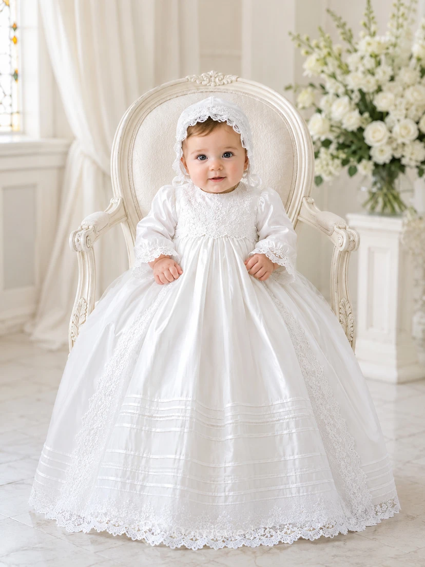 Classic Modest Baby Baptism Christening Ceremony Gown A-Line Floor-Length Jewel Neck Puff Sleeve Satin Lace Bow Back Button Back
