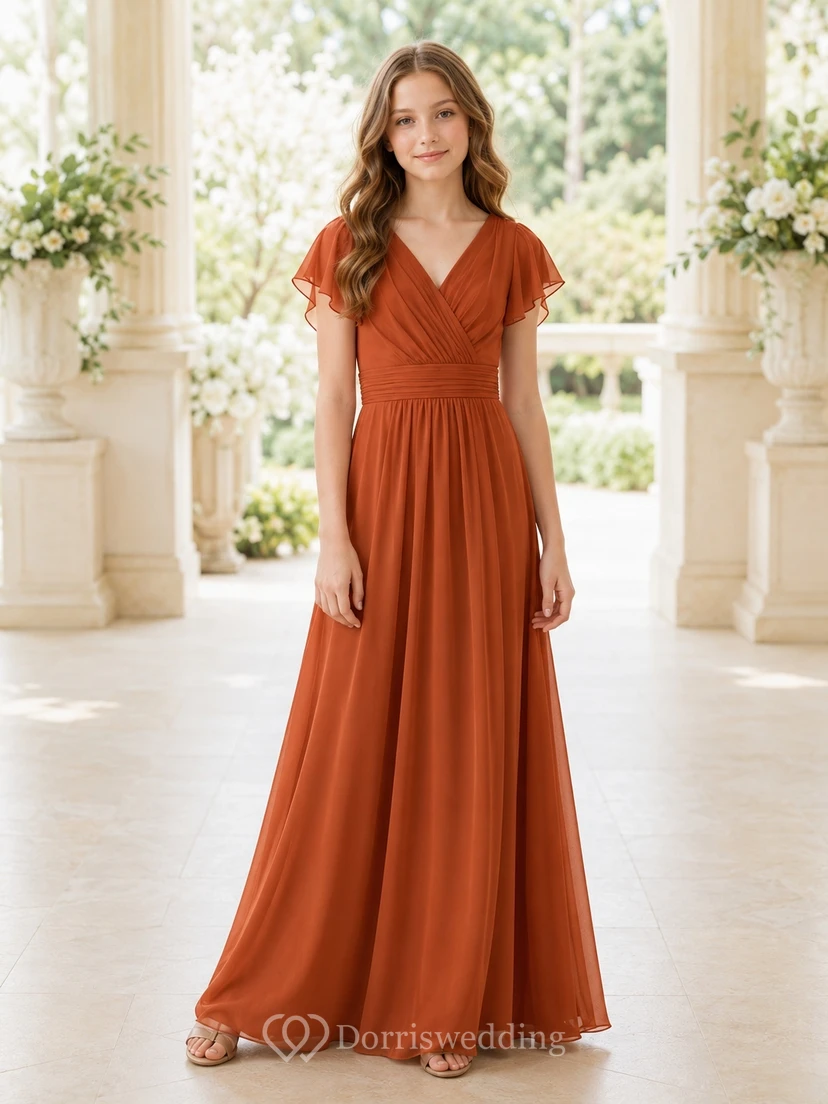 Vestido de dama de honor juvenil moderno de gasa naranja con mangas acampanadas, escote en V y corte en A, largo hasta el suelo.