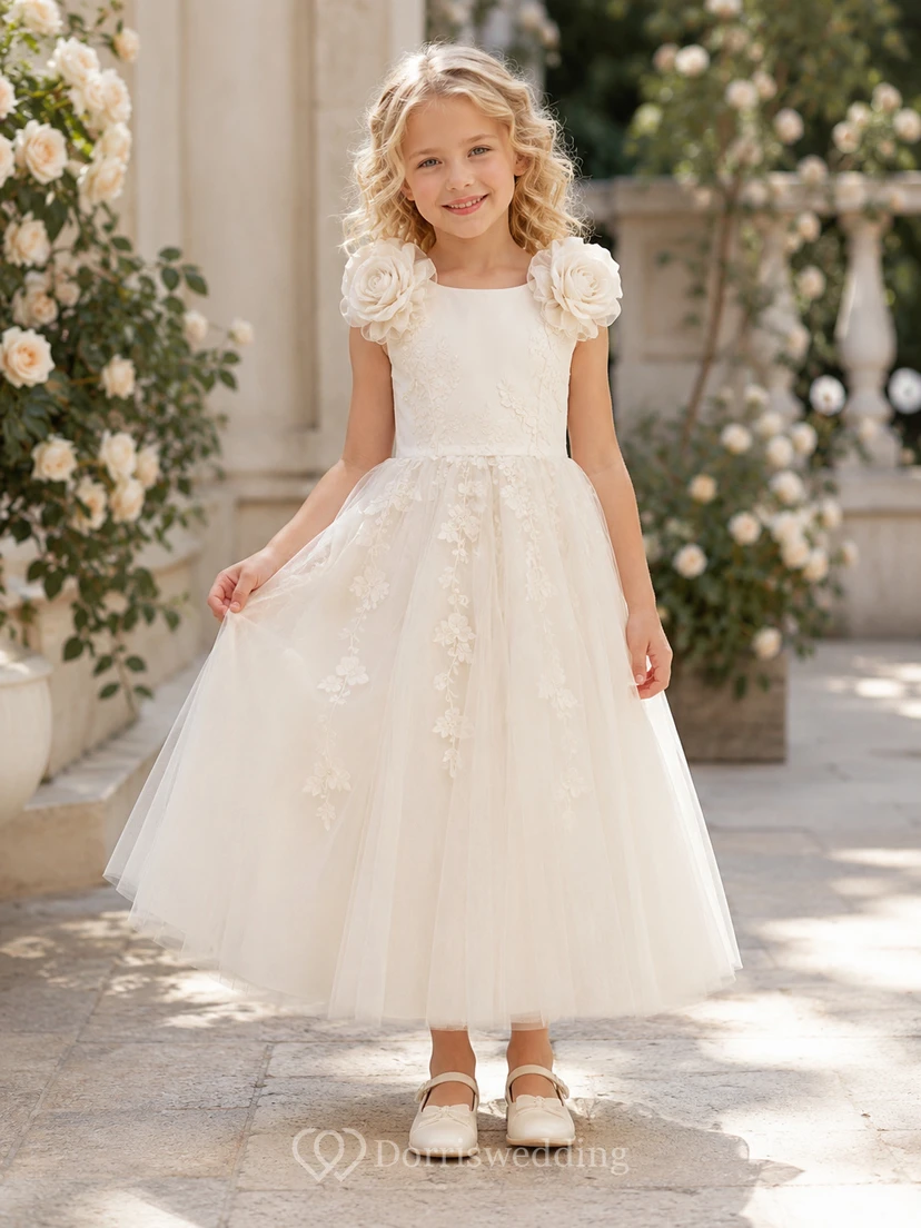 Elfenbeinfarbenes Blumenmädchenkleid mit Rosetten-Schulterpartie, ärmellosem Tüll-A-Linien-Schnitt, floralen Applikationen und bodenlangem Rock