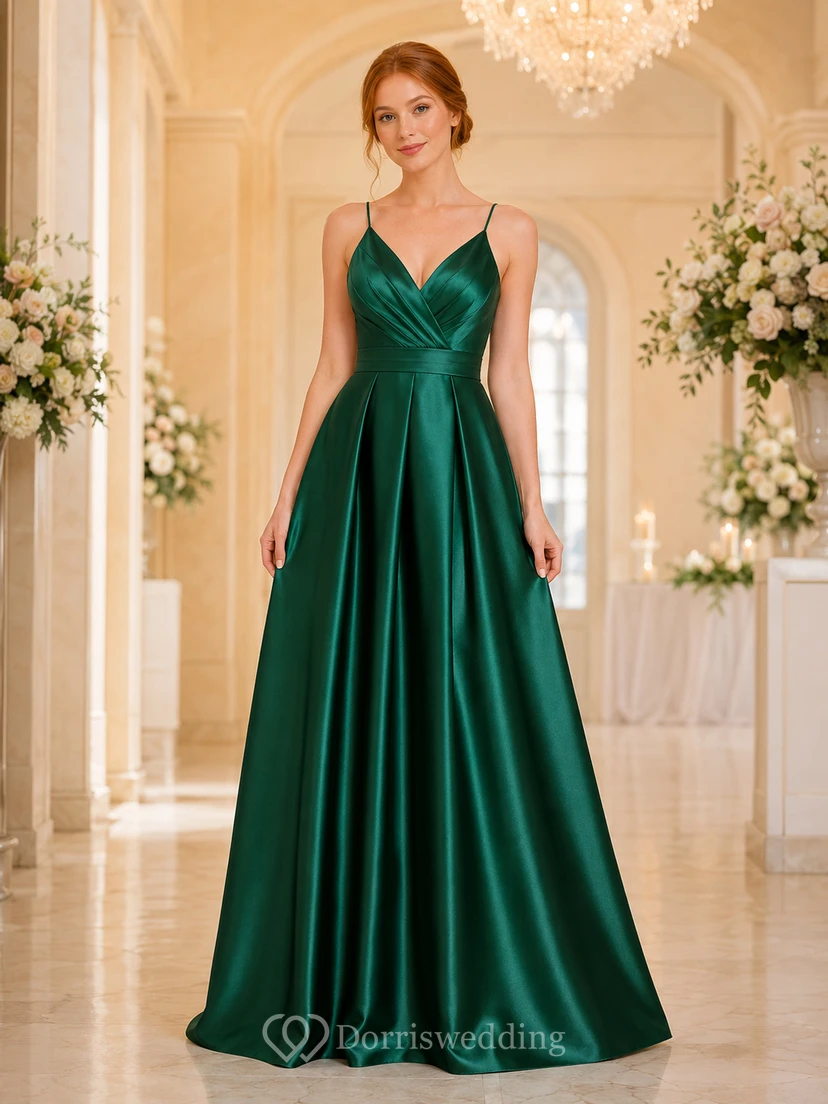 Emerald spaghetti V-neck satin floor length A-line bridesmaid dress