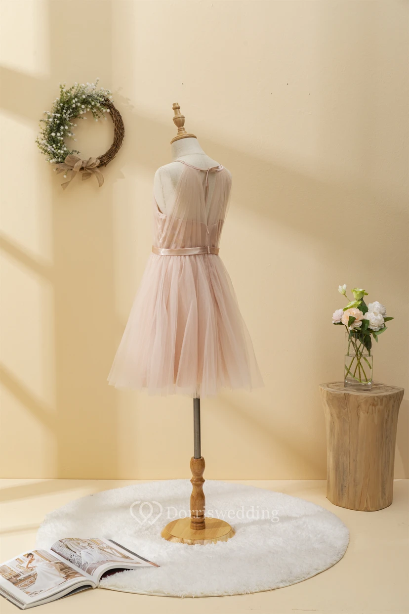 Adorable Coral Tulle Short Pleated Flowergirl Dress view 5