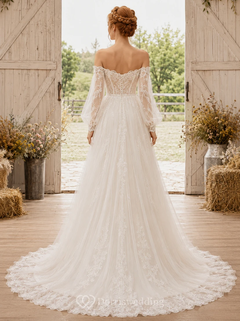 Vestido de novia bohemio de corte capilla con mangas largas abullonadas de encaje y hombros descubiertos view 2
