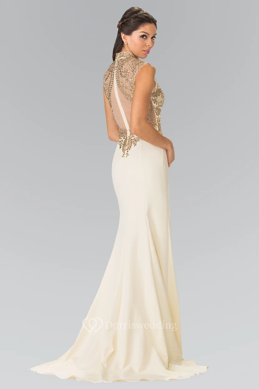 Sheath Long High Neck Sleeveless Jersey Illusion Dress With Beading view 2