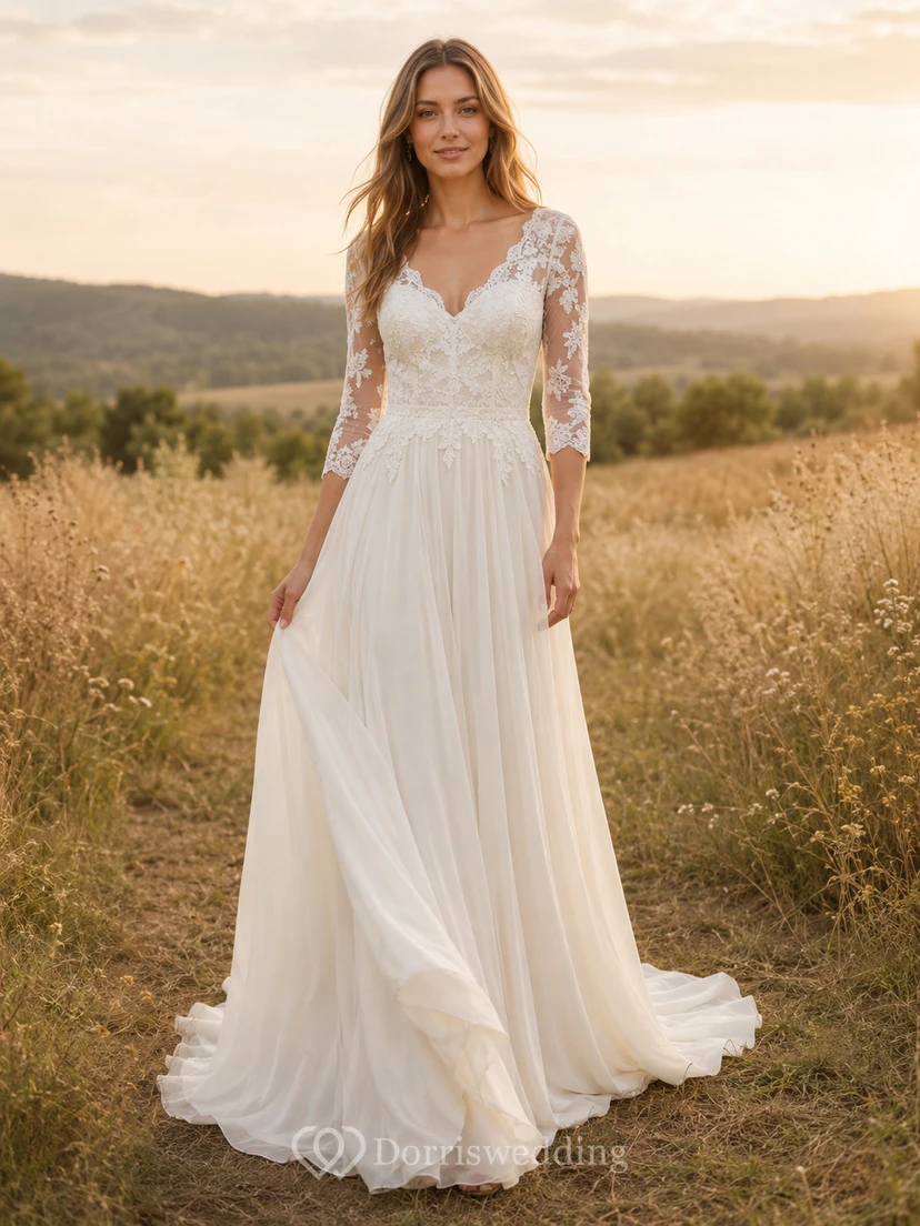 Robe de mariée en mousseline de soie à col en V fluide, manches trois-quarts en dentelle et coupe trapèze