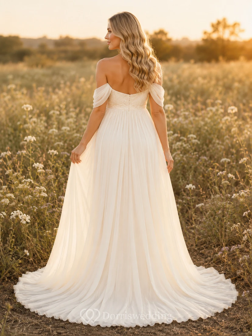 Umstandsbrautkleid, schulterfrei, schlichtes A-Linien-Tüllkleid mit herzförmigem Oberteil und Schleppe view 2