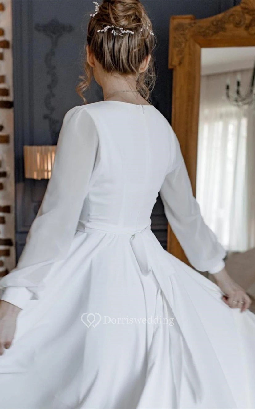 Elegantes A-Linien-Brautkleid aus Chiffon mit V-Ausschnitt, Schärpe und Schlitz vorne view 2