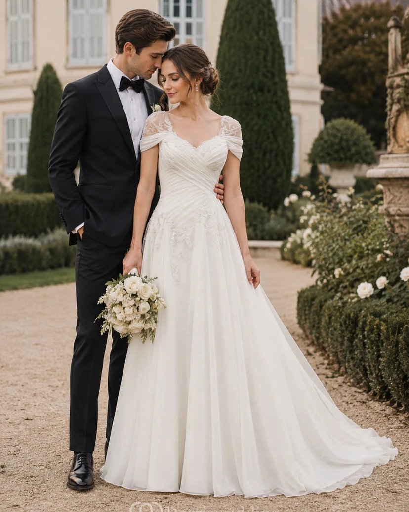 Robe de mariée trapèze en mousseline de soie à imprimé empire et appliques, ornée d'un bonnet croisé view 2