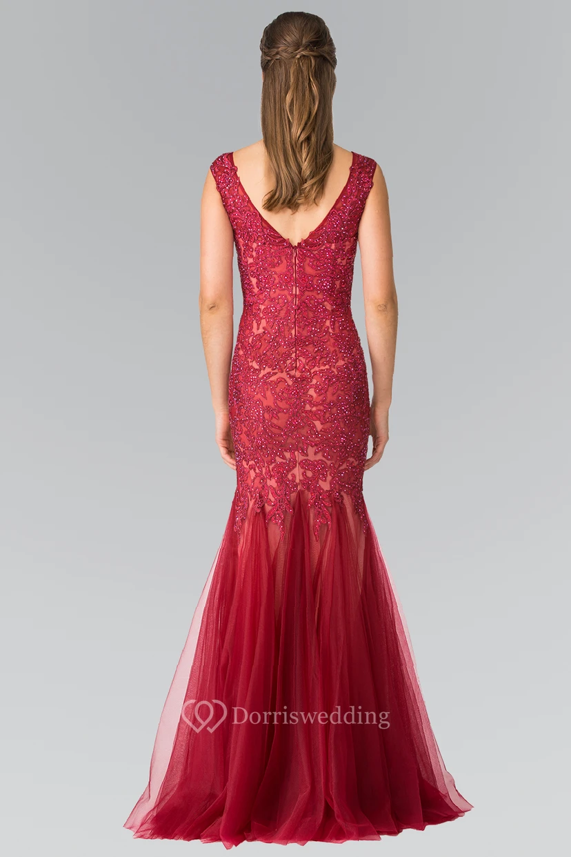 Mermaid Scoop-Neck Sleeveless Tulle Low-V Back Dress With Beading And Appliques view 2