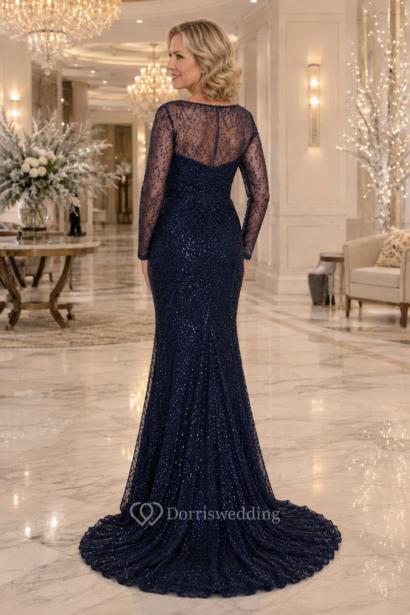 Dark Navy Long Sleeve Sequined Mermaid Mother Dress view 2