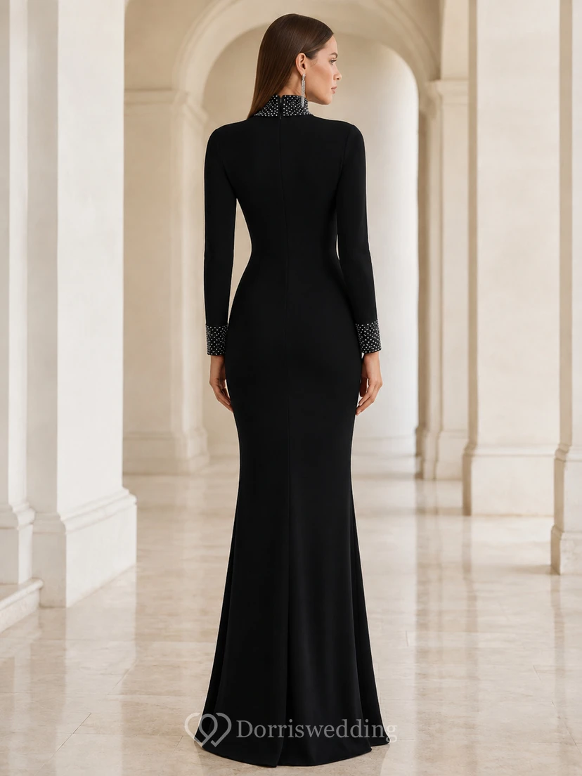 Black high neck long sleeve floor length mermaid gown view 2