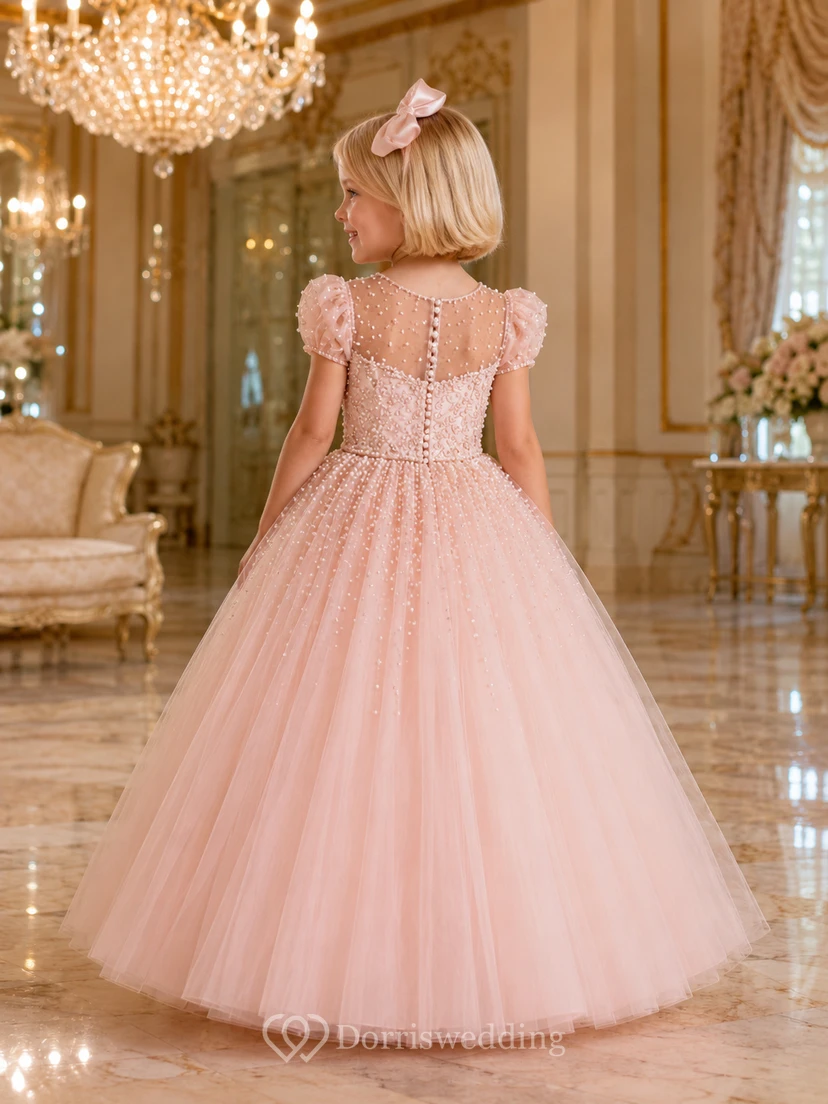 A-Line Flowergirl Pearl Beaded Tulle Floor-Length Puff Sleeve Luxury Pink Wedding Gown view 2