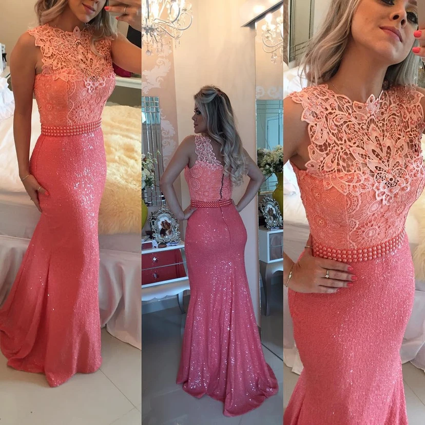 Timeless Sleeveless Lace Pearls Prom Dresses Mermaid Long Zipper Back view 3