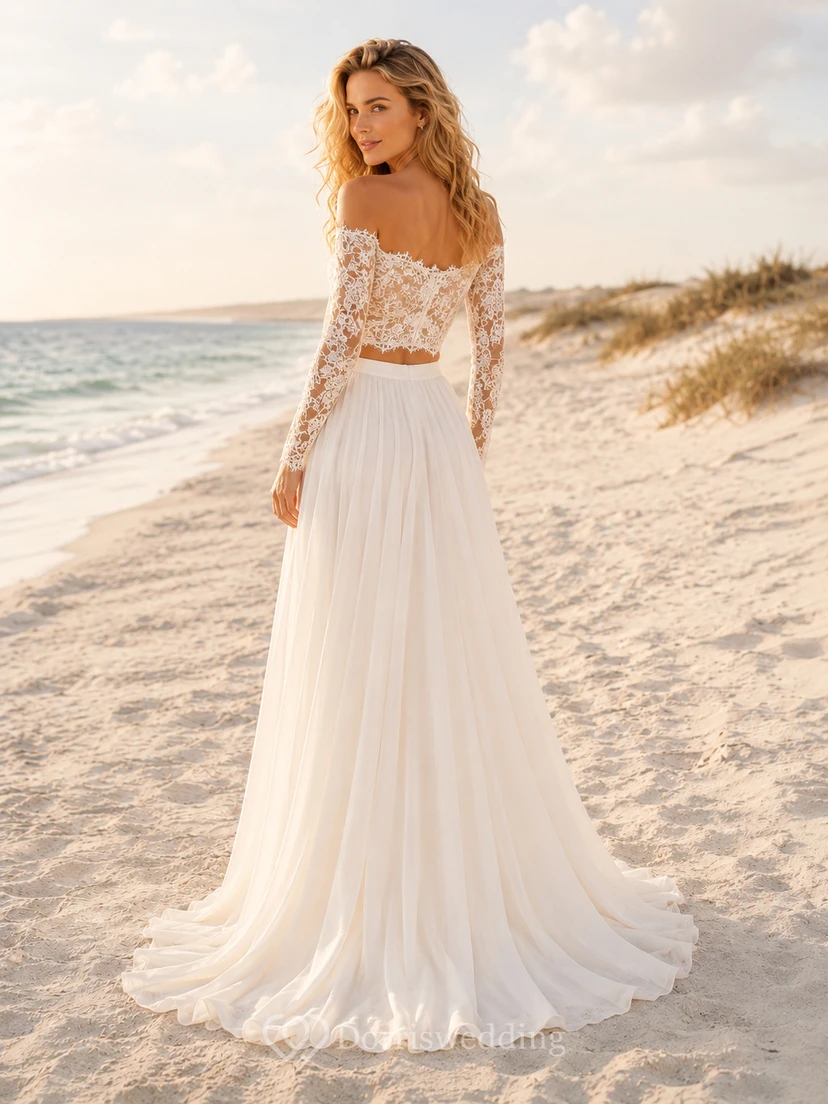Beach Lace Tulle Wedding Dress Two Piece Off Shoulder Long Sleeve Sweep Train with Slit Bridal Gown view 2