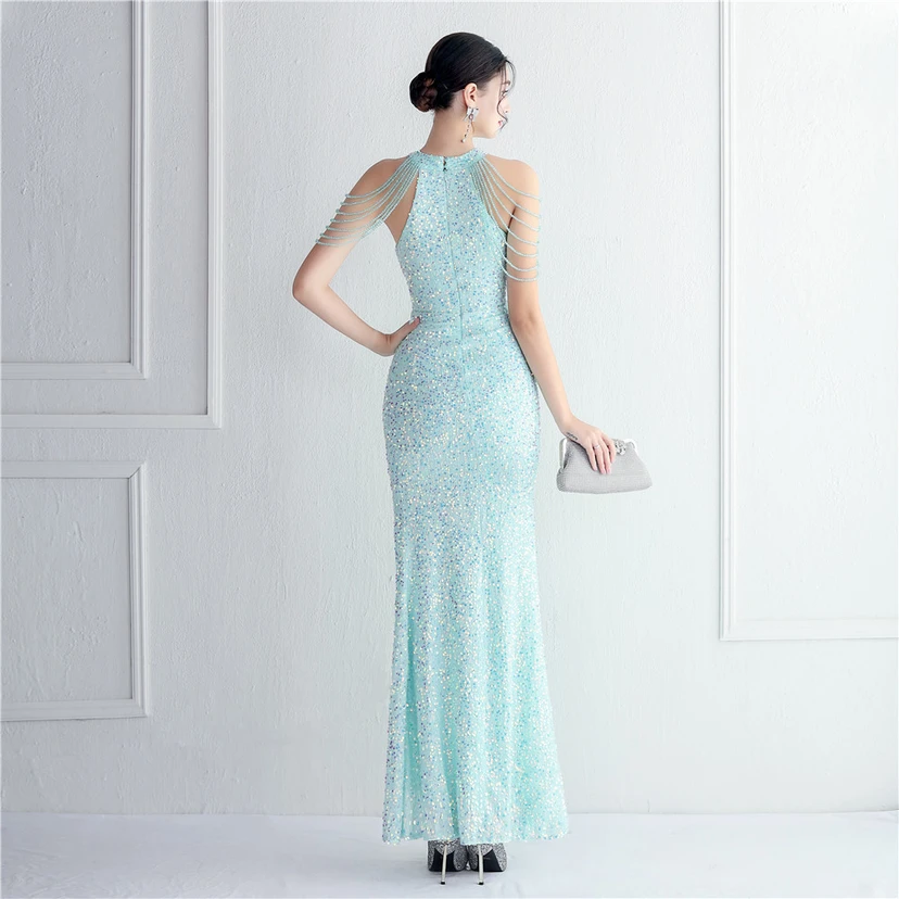 Heavy-Duty Glass Bead Craft Beaded Banquet Evening Dress Temperament Elegant Long Halter Neck Slit Sequins view 6