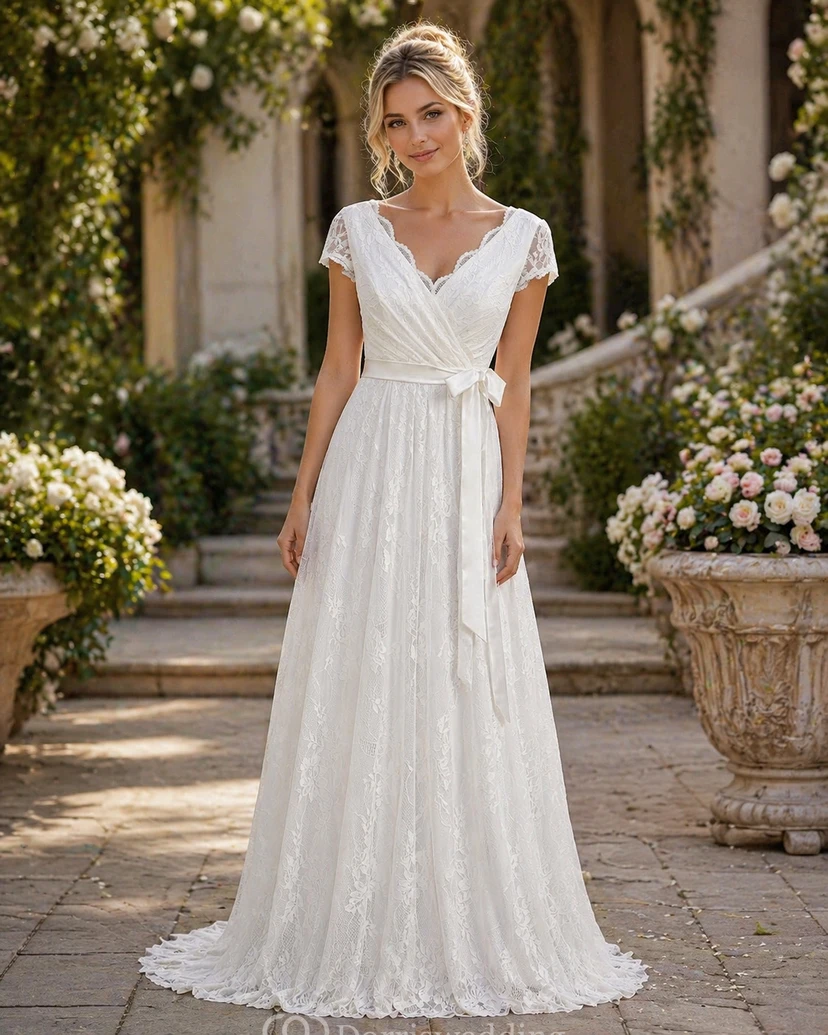 A Line Garden Cap Short Sleeve Wedding Dress