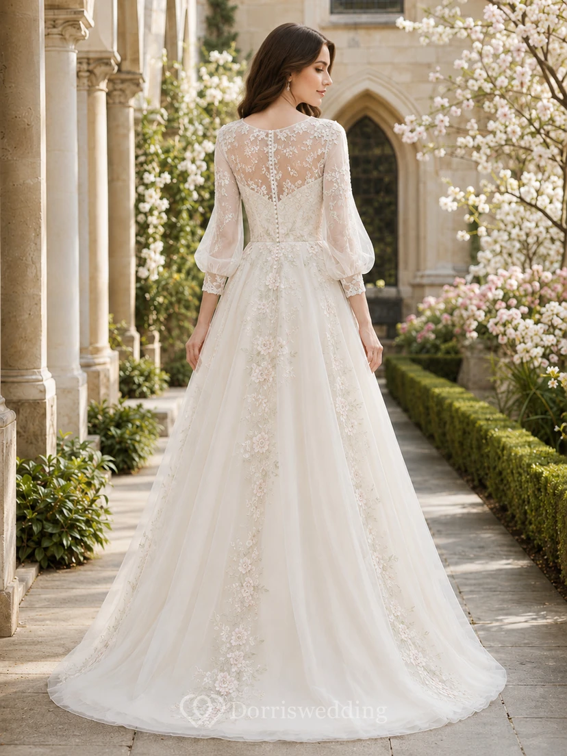 Spring Floral Long Sleeve High Neck A-Line Chapel Wedding Dress view 2