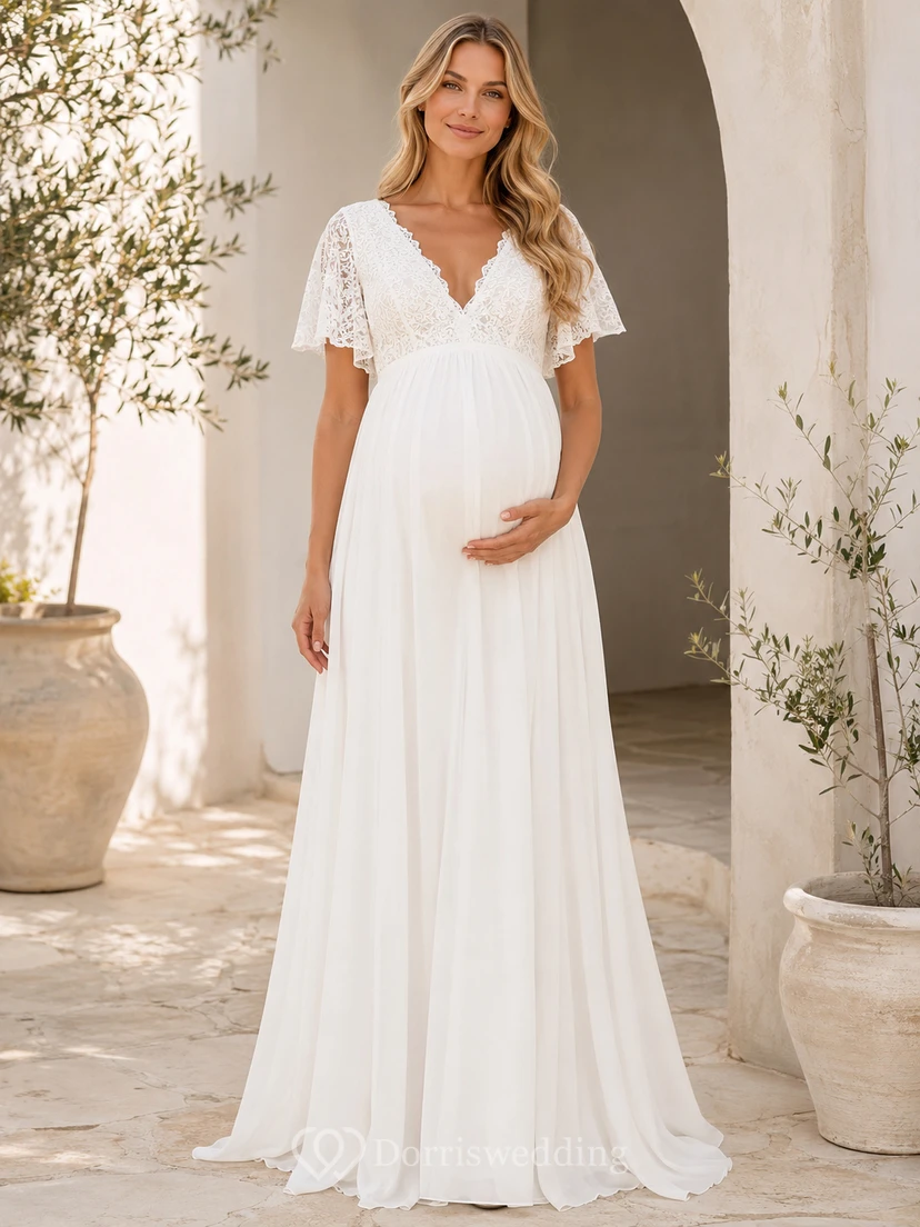 White Maternity V-Neck Lace Flutter Sleeve Chiffon Floor Dress Garden