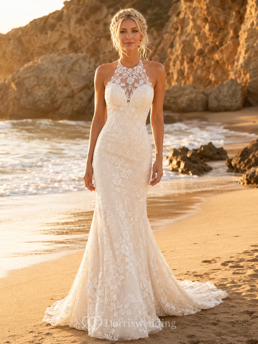 Vestido de novia de sirena playero con escote halter y espalda descubierta de encaje