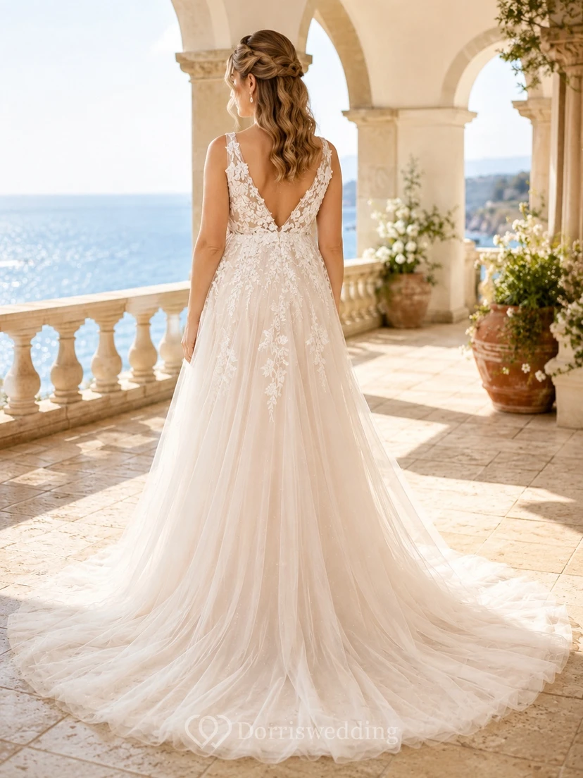 Maternity Bohemian V-Neck Lace A-Line Chapel Train Destination Wedding Dress view 2