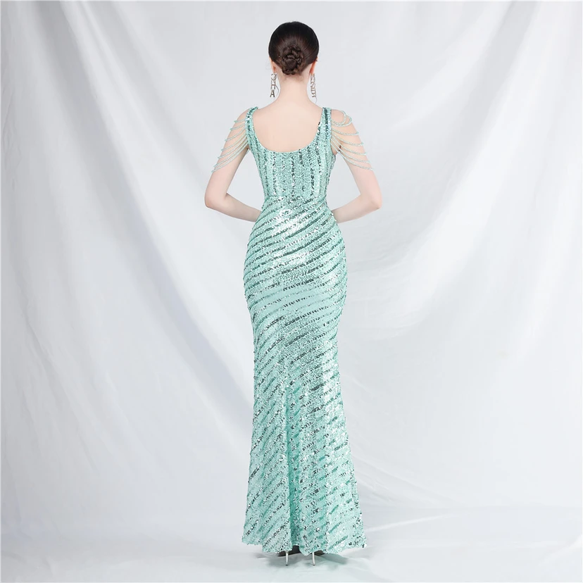 Craft Sequined Velvet Bottom Handmade Beaded Long Elegant Light Luxury Evening Dress view 16