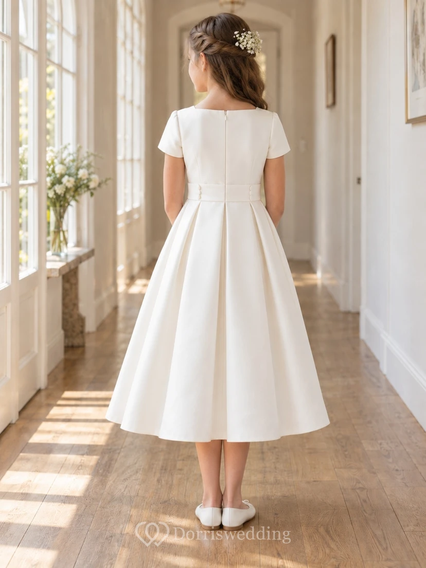 Simple Modest Square Neck Tea-length Ivory Short Sleeve Pleated Button Cluster A-Line Flowergirl Dress view 2