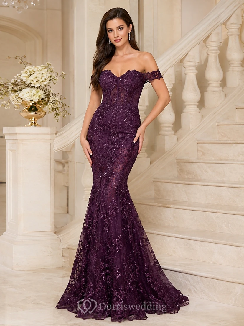 Plum Off-Shoulder Sweetheart Lace Mermaid Sweep Train Sexy Evening Prom Gown