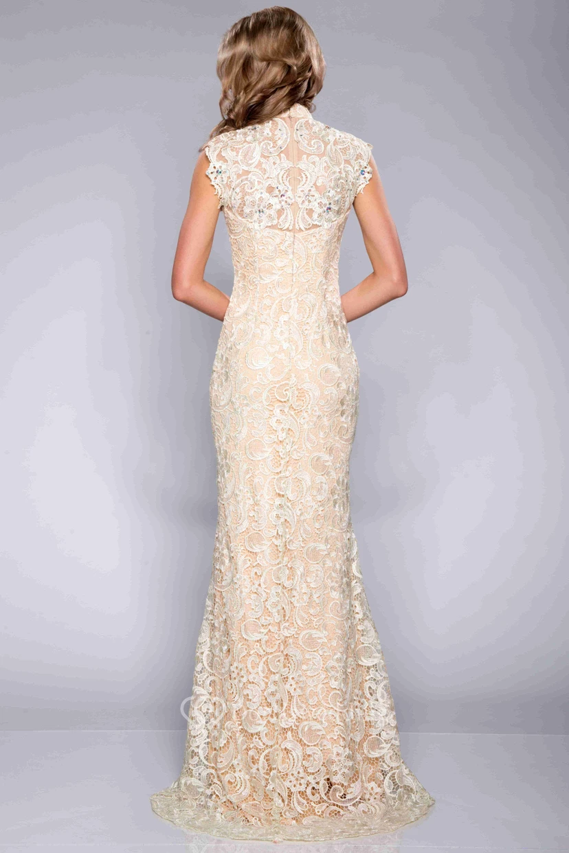 Column Lace Cap Sleeve High Neck Prom Dress With Crystal Detailing view 2