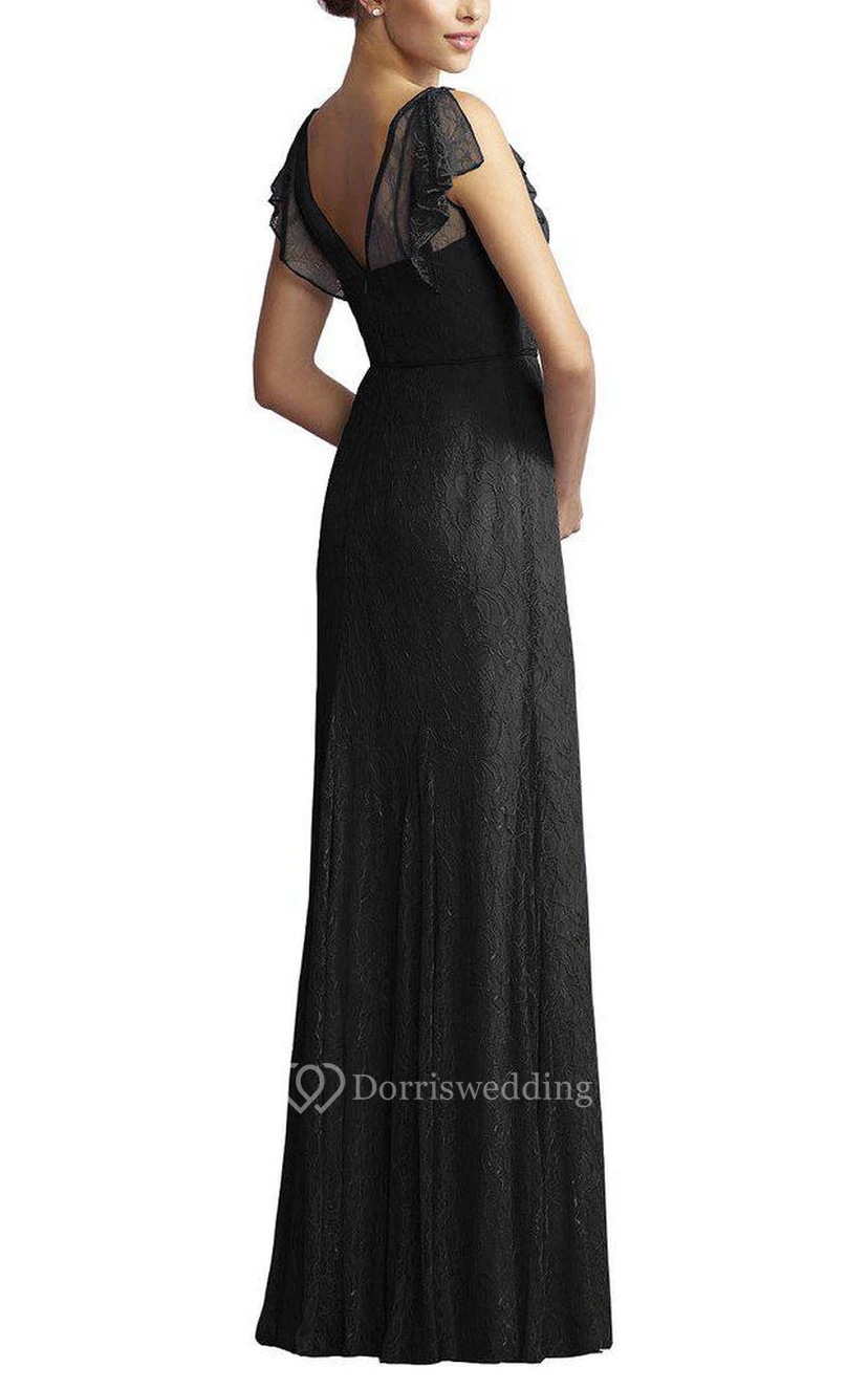 Cap Sleeve Sheath Lace Floor-length Modest Bridesmaid Dress with Sash view 2