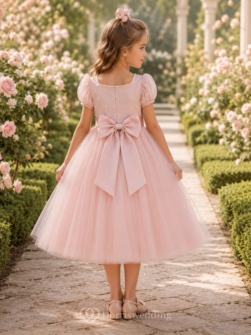 Vestido de niña de las flores, rosa rubor, encaje, tul, corte en A, manga corta, escote redondo, largo midi, lazo en la espalda. view 2