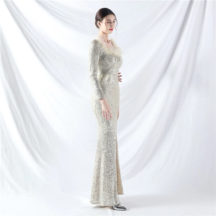 Craft-Made Ostrich Feather Long-Sleeved Beads Evening Dress view 48