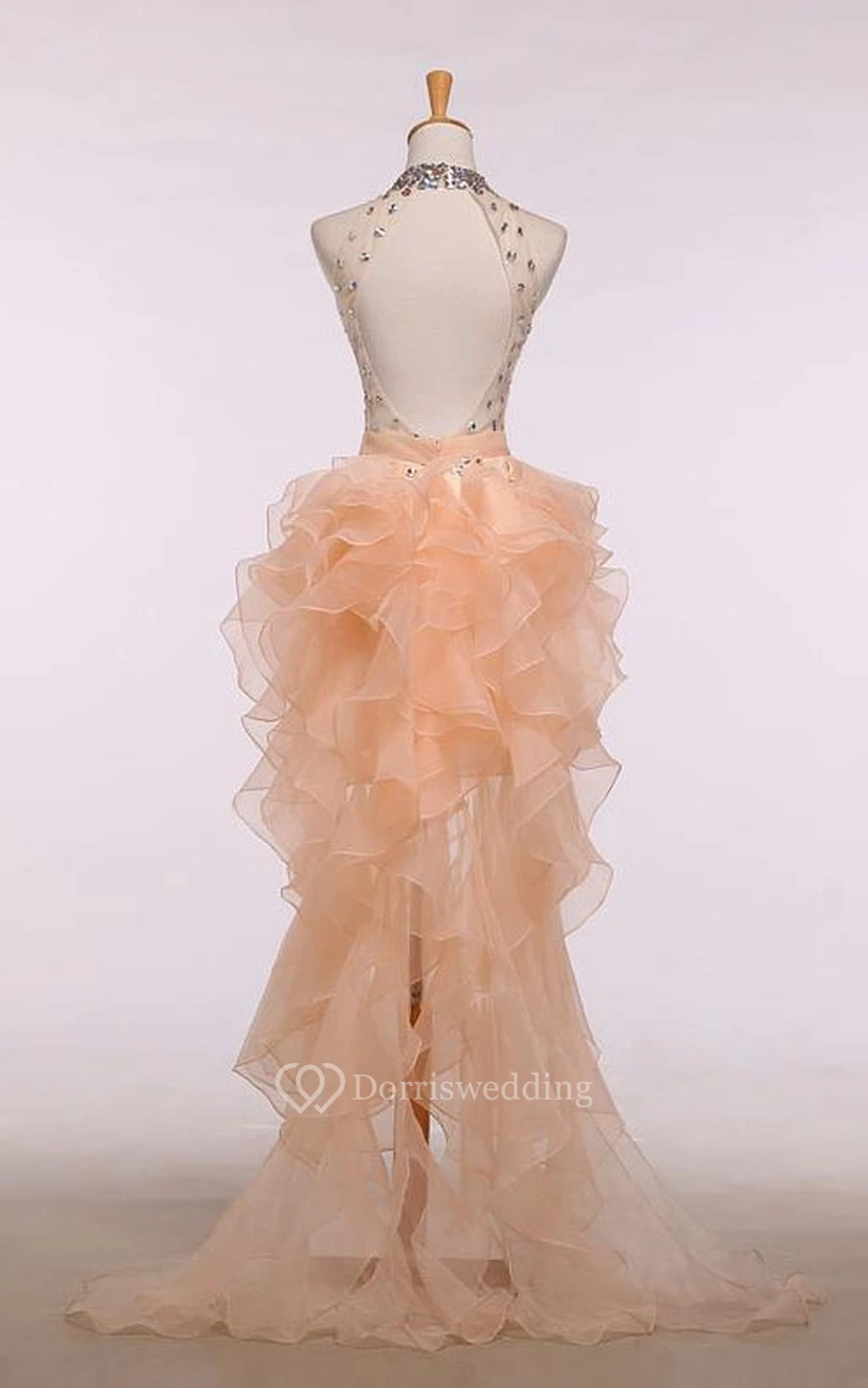 Robe trapèze asymétrique à col montant, sans manches, ornée de perles et de volants, sans manches view 2