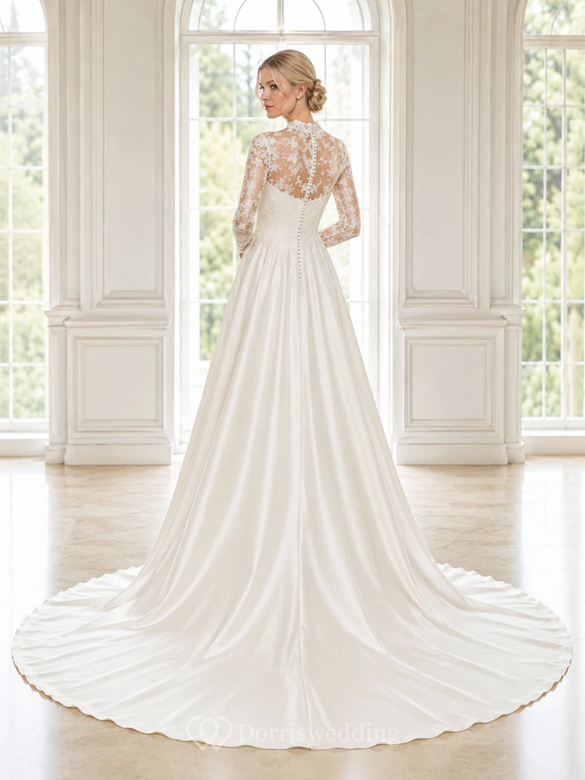 Elegant Modest High Neck Illusion Long Sleeve Satin A-Line Wedding Gown view 2