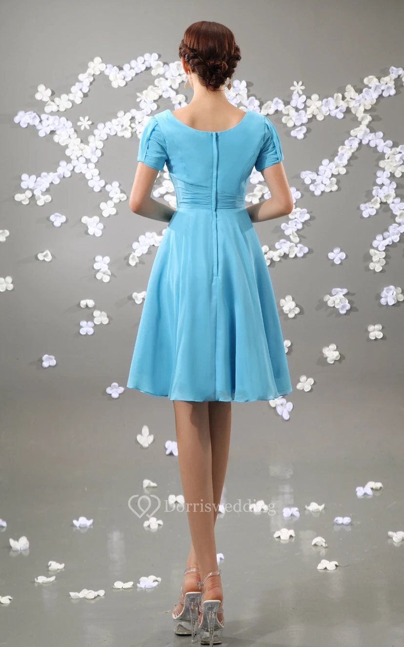Chiffon Square-Neck Short Sleeve Dress With Ruching view 3