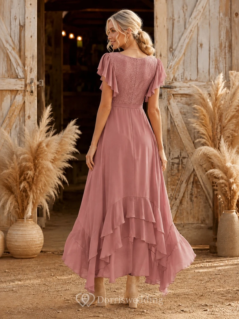 Altrosafarbenes, kurzärmeliges, gestuftes Chiffonkleid mit asymmetrischem Saum und Rüschen in A-Linie view 2