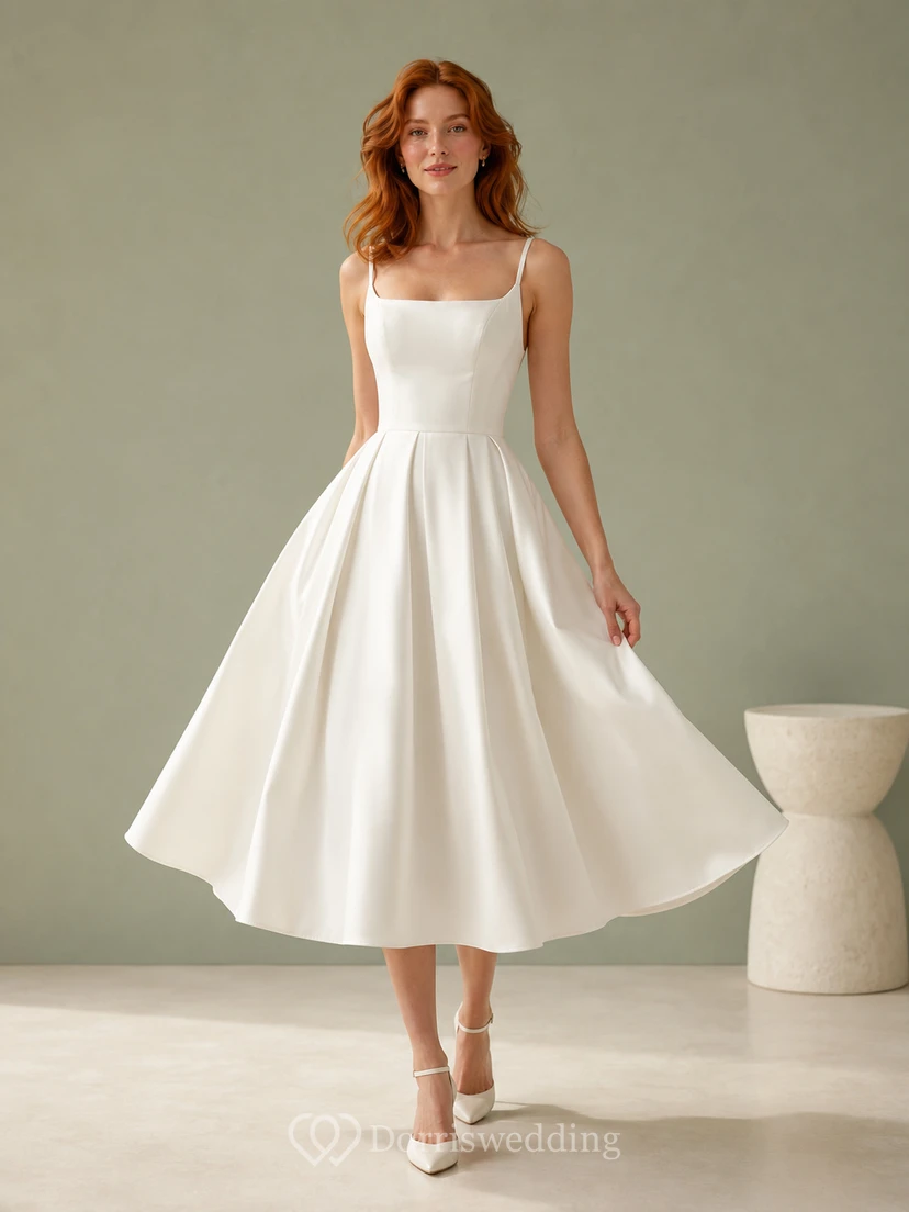 Robe de mariée midi en satin à encolure carrée minimaliste et jupe ample