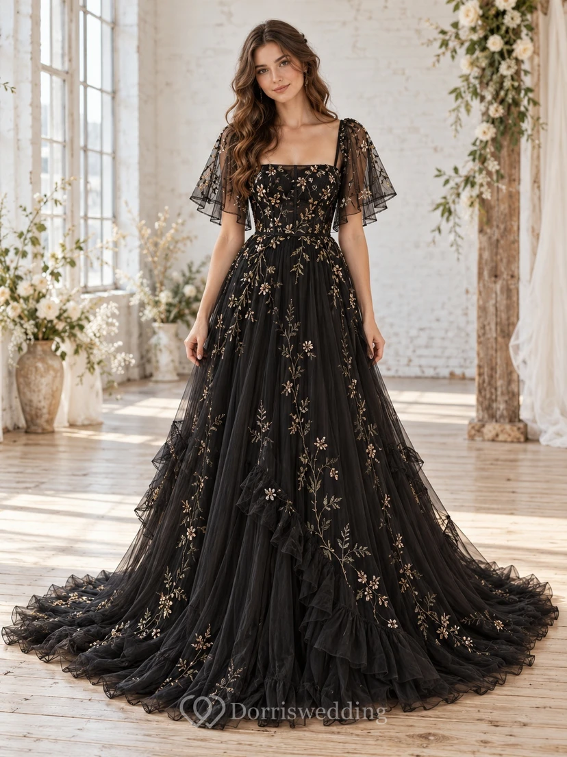 Boho Black Square Neck Flutter Sleeve Embroidered Wedding Dress