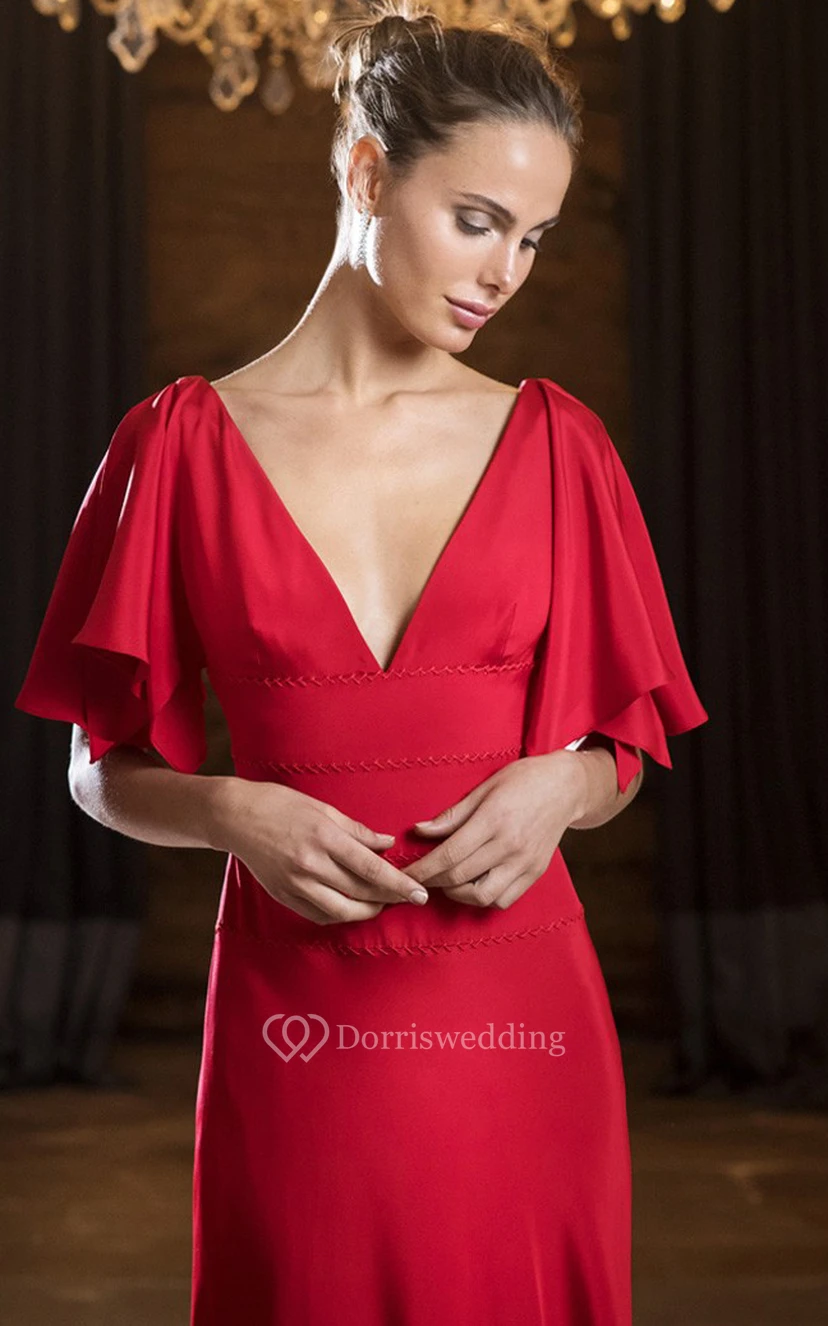 Elegantes, bodenlanges A-Linien-Abendkleid aus Satin mit V-Ausschnitt view 3