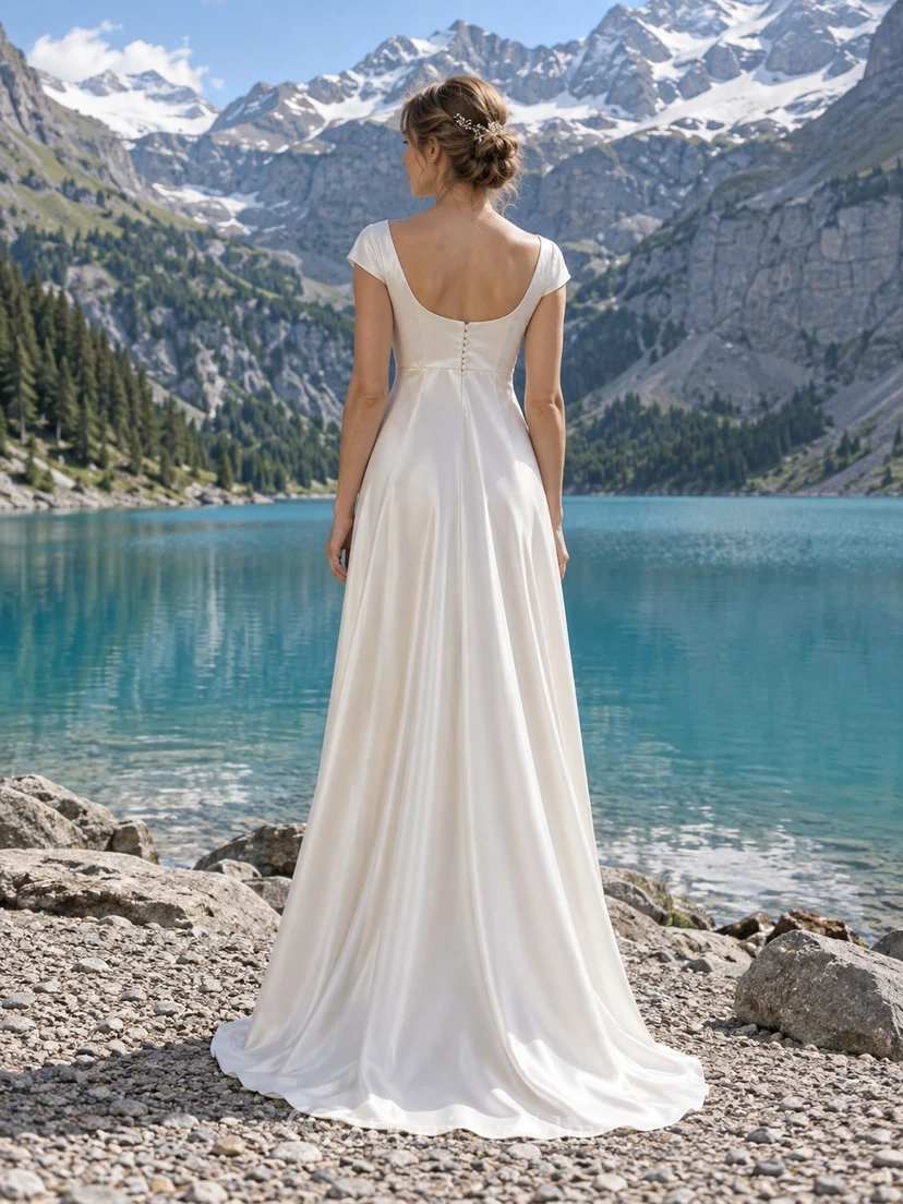 Vestido de novia sencillo de corte A con escote corazón, manga corta, satén fruncido y cola. view 2