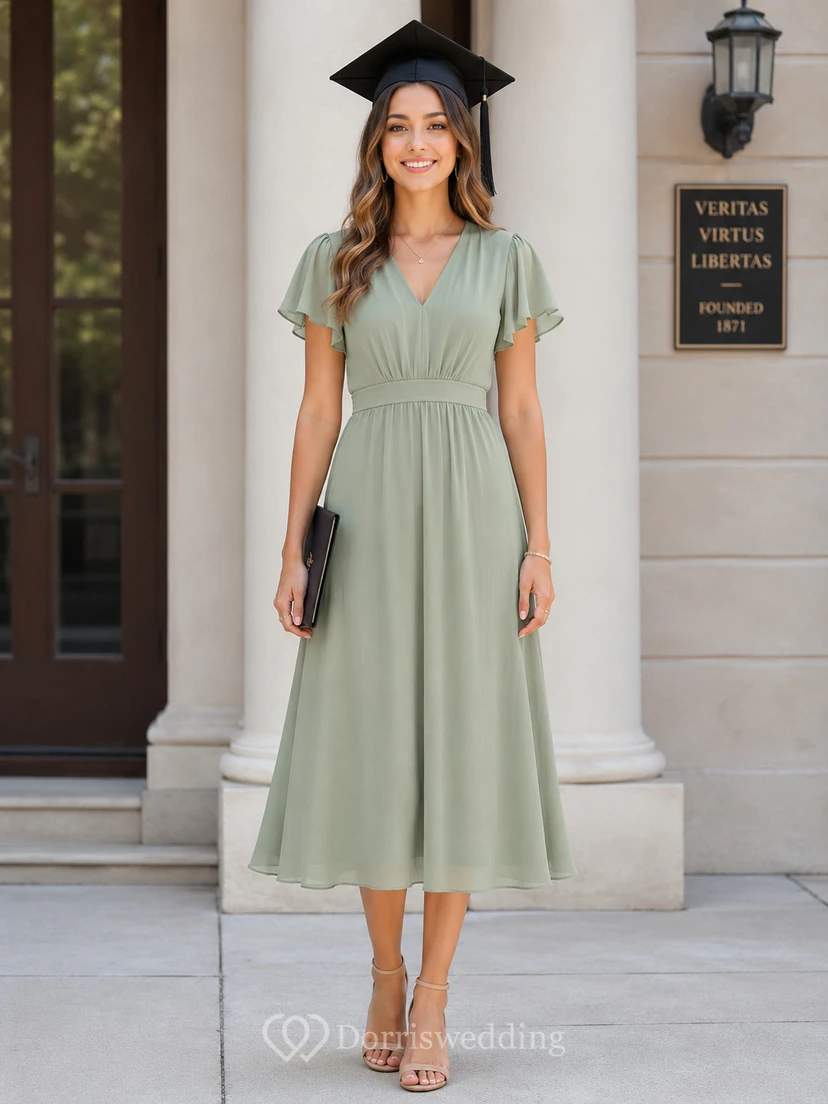 A-Line Tea-Length V-Neck Short Sleeve Chiffon Wedding Guest Dress with Pleats