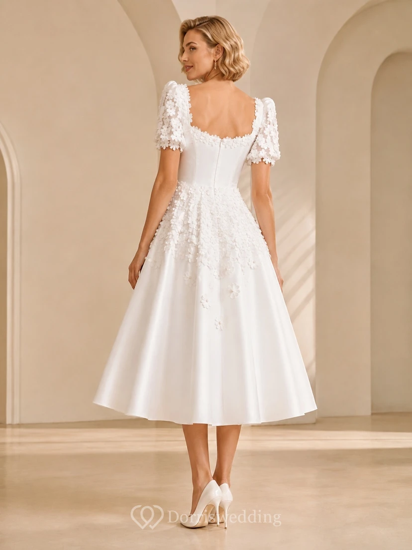 Tea-Length Square Neck Puff Sleeve Floral Applique A-Line Civil Wedding Dress view 2
