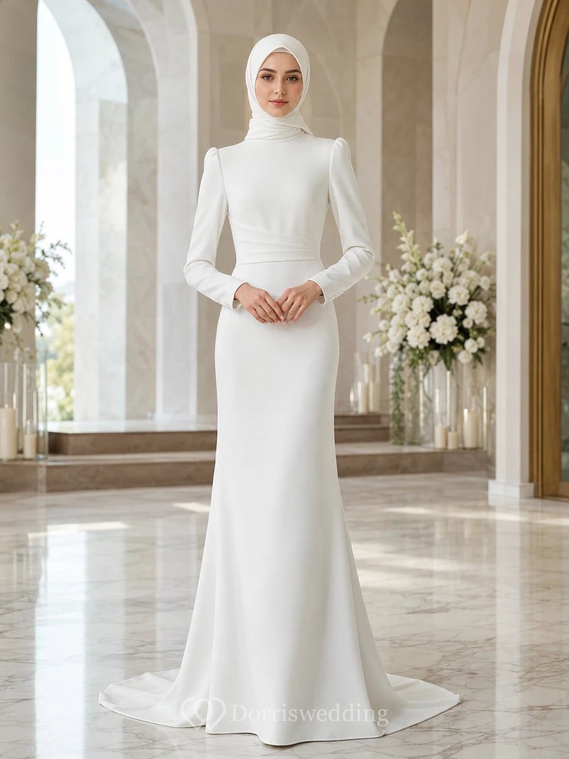 Modest Muslim Long Sleeve High Neck Crepe Sheath Wedding Dress