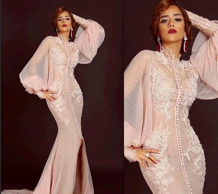 Modern High Neck Long Sleeve Mermaid Prom Dress With Lace Appliques view 3