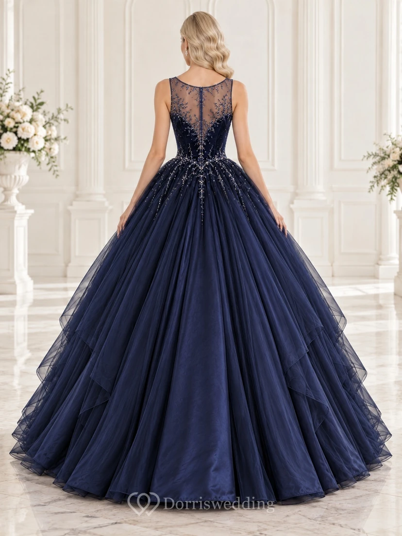 Robe de bal en tulle bleu marine à col rond illusion et corsage ajusté orné de perles, robe de bal bleu marine en tulle, col view 2