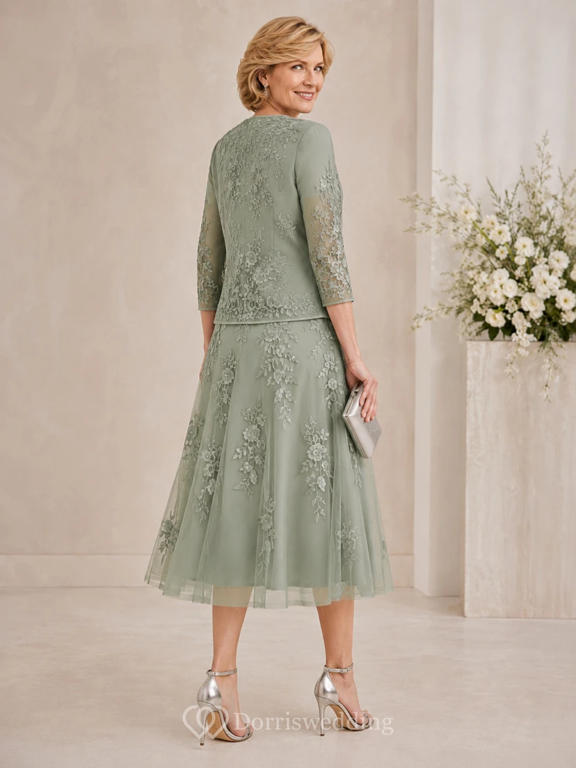 Sage Green Lace Applique Tea-Length Mother of the Bride Dress with Jacket view 2