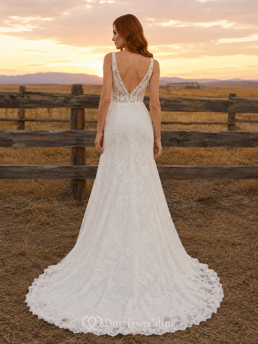Robe de mariée de maternité en tulle dentelle à col carré, bretelles et longue traîne view 2