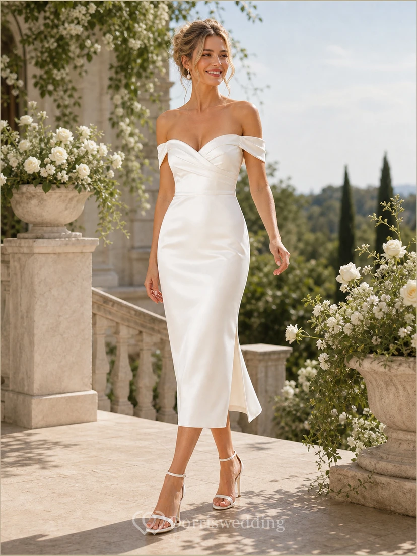 Robe de mariée midi en satin ivoire à épaules dénudées, longueur thé view 5